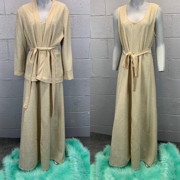 VTG Gold 3 Piece Hostess Set At Home Wear Van Raalte 18 XL Lurex Metallic - Picture 1 of 10